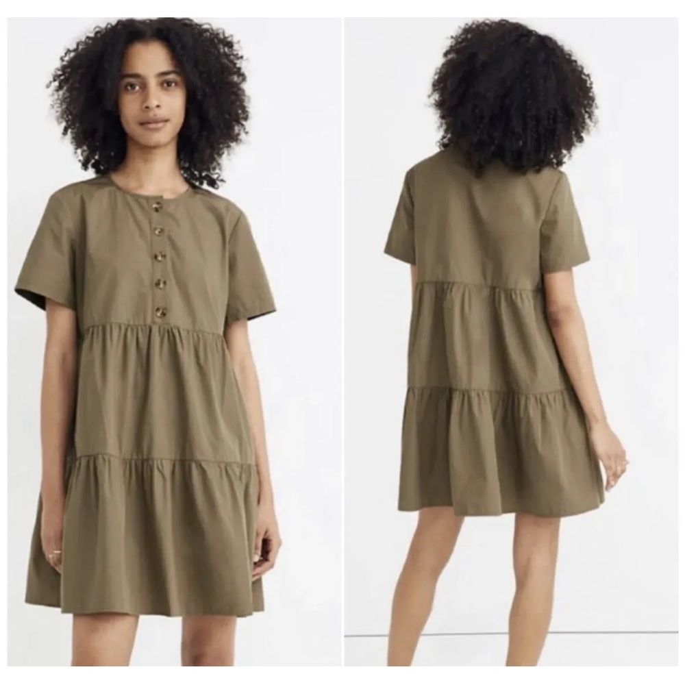 Madewell Olive Tiered Short-Sleeve Babydoll Dress